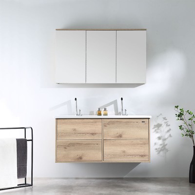 North European Style Natural Wood Color Ceramic Basin MDF Waterproof bathroom Vanity Cabinet with Mirrored Cabinet