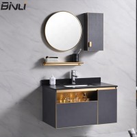 Modern Durable Golden Open Shelf  Wooden Bathroom Vanity Combo with Ceramic Sink